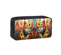 SDEGTHO Sunflower Rooster Printed Stationery Case Spacious Pencil Pouch Polyester Zip Organizer for School College Office Days