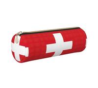 SDEGTHO Swiss Flag Printed Round Leather Pencil Organizer, Compact Zippered Pouch, Sl esk Accessory Storage