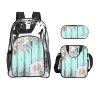SDEGTHO Teal Barn Door Floral Printed See-Through School Bag Bundle, Sturdy Handle 3pc Set, Events Stadium Concerts Approved