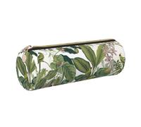 SDEGTHO Tropical Flower Leaf Parrot Printed Round Leather Pencil Organizer, Compact Zippered Pouch, Sl esk Accessory Storage