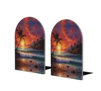 Sdegtho Tropical Sunset Book Ends for Shelves,Wooden Bookends with Metal Base, Sturdy Book Holders for Heavy Books