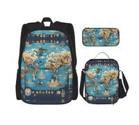 SDEGTHO World Geography Map Bookbag Set Includes Large Capacity Backpack,Lunch Box And Pencil Case 3 Pieces Bagpack Sets, Black, One Size