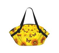 SDEGTHO Yellow Flowers Butterflies Printed Large Tote Bag and Picnic Mat, Snap-Close Foldable 2-in-1 for Beach Travel or Picnic