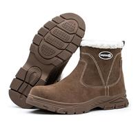 SDEQA Safety Boots Mens Warm Fur Lined Steel Toe Cap Trainers Winter Non-Slip Work Shoes Puncture Proof Comfortable,Khaki,7 UK