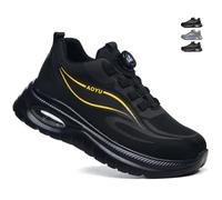 SDEQA Safety Shoes for Mens Non Slip Puncture Proof Lightweight Steel Toe Cap Trainers Work with Swivel Buckle Shoelaces Industrial Safety Trainers,Black Gold,9.5 UK