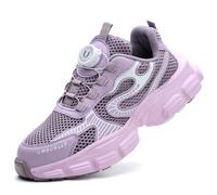 SDEQA Safety Trainers Womens Steel Toe Cap Work Shoes with Rotary Button Non Slip Breathable Work Trainers Air Cushion Construction Industrial Sneakers,Purple,2.5 UK