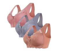 SDERG 2/3 PCS Front Fastening Bras for Women UK Sale, Lace Plus Size Front Fastening Bras Solid Color Non Wired Full Coverage Womens Bras Soft Lace Comfortable Breathable Ladies Bras Size M-8XL