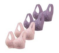 SDERG 4pcs Plus Size Front Fastening Sports Bra, Floral Printed Non Wired Push Up Women's Bras, Comfortable Soft Full Coverage Ladies Bras, UK Size 50