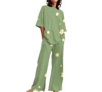 SDERG Ladies Pyjamas Two Piece Fluffy Pyjamas V Neck Lounge Wear Womens Pyjamas Shorts Set Soft Warm Women Suitable Summer O Neck Loose Short Sleeve Floral Print Top Shirt with Pants Large Size 2 Set