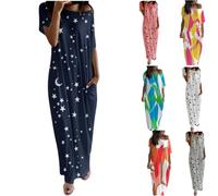 SDERG Long Nightdresses for Women Uk Plus Size Ladies Nightdress with Pockets Crew Neck Oversize Womens Pyjamas Stars and Moon Print Womens Nightdresses Casual Loose Nightdresses Today's Deals Blue