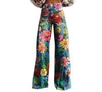 SDERG Wide Leg Pants for Women UK Vintage Floral Print Womens Jeans Trousers Plus Size High Waisted Stretchy Wide Leg Ladies Pants Wide Leg Jeans Casual Womens Wide Leg Pants Pants for Women 2024 New