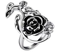 SDEWFFWSA Dark Retro Black Floral Rose Ring Minimalist Versatile Index Band For Women (Silver,8)