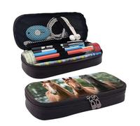 SDFCUMDM Animales Horses Print Leather Pencil Case Cosmetic Makeup Brush Storage Bag for Girls Women Teenagers