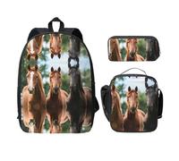 SDFCUMDM Animales Horses Print School Bag + Pencil Case + Lunch Bag Combination for Everyday Use