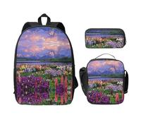 SDFCUMDM Beautiful Flowers Mountain Print School Bag + Pencil Case + Lunch Bag Combination for Everyday Use