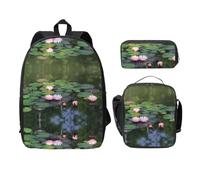 SDFCUMDM Beautiful Lotus Flower Print School Bag + Pencil Case + Lunch Bag Combination for Everyday Use