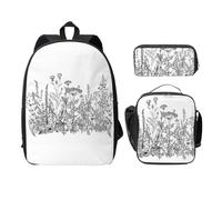 SDFCUMDM Black and White Flowers Print School Bag + Pencil Case + Lunch Bag Combination for Everyday Use