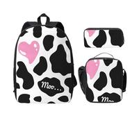 SDFCUMDM Black White Milk Cow Print School Bag + Pencil Case + Lunch Bag Combination for Everyday Use