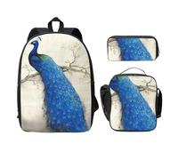 SDFCUMDM Blue Peacock Print School Bag + Pencil Case + Lunch Bag Combination for Everyday Use
