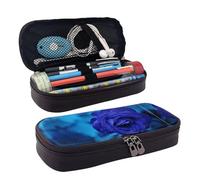 SDFCUMDM Blue Rose Blooms Print Leather Pencil Case Cosmetic Makeup Brush Storage Bag for Girls Women Teenagers