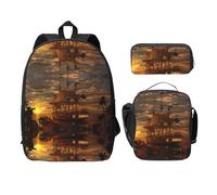 SDFCUMDM Boat at Dusk Print School Bag + Pencil Case + Lunch Bag Combination for Everyday Use