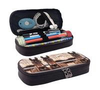 SDFCUMDM Brown Horses Print Leather Pencil Case Cosmetic Makeup Brush Storage Bag for Girls Women Teenagers