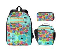 SDFCUMDM Cartoon American Map Print School Bag + Pencil Case + Lunch Bag Combination for Everyday Use