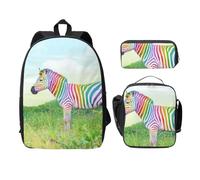 SDFCUMDM Colorful Zebra Print School Bag + Pencil Case + Lunch Bag Combination for Everyday Use
