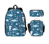 SDFCUMDM Cute Blue Fish Print School Bag + Pencil Case + Lunch Bag Combination for Everyday Use