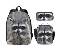 SDFCUMDM Cute Raccoon Print School Bag + Pencil Case + Lunch Bag Combination for Everyday Use