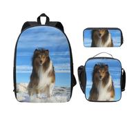 SDFCUMDM Cute Shetland Dog Print School Bag + Pencil Case + Lunch Bag Combination for Everyday Use