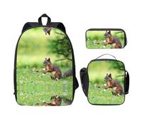 SDFCUMDM Cute Squirrel Print School Bag + Pencil Case + Lunch Bag Combination for Everyday Use