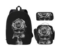 SDFCUMDM Fire Skull Rose Print School Bag + Pencil Case + Lunch Bag Combination for Everyday Use