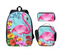 SDFCUMDM Flamingo Flowers Print School Bag + Pencil Case + Lunch Bag Combination for Everyday Use