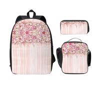 SDFCUMDM Floral Wall Pink Rose Print School Bag + Pencil Case + Lunch Bag Combination for Everyday Use