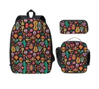 SDFCUMDM Flosers and Sugar Horror Skull Print School Bag + Pencil Case + Lunch Bag Combination for Everyday Use