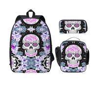 SDFCUMDM Flower Sugar Horror Skull Print School Bag + Pencil Case + Lunch Bag Combination for Everyday Use