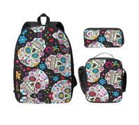 SDFCUMDM Flower Sugar Horror Skull Print School Bag + Pencil Case + Lunch Bag Combination for Everyday Use