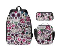 SDFCUMDM Flowers and Sugar Horror Skull Print School Bag + Pencil Case + Lunch Bag Combination for Everyday Use