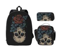 SDFCUMDM Flowers and Sugar Horror Skull Print School Bag + Pencil Case + Lunch Bag Combination for Everyday Use