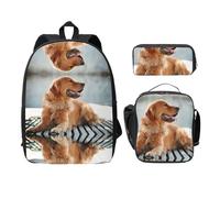 SDFCUMDM Golden Retriever Dog Print School Bag + Pencil Case + Lunch Bag Combination for Everyday Use