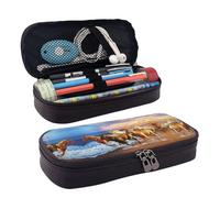 SDFCUMDM Horses On The Beach Print Leather Pencil Case Cosmetic Makeup Brush Storage Bag for Girls Women Teenagers