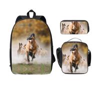 SDFCUMDM Horses Print School Bag + Pencil Case + Lunch Bag Combination for Everyday Use