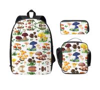 SDFCUMDM Japanese Painting Mushroom Print School Bag + Pencil Case + Lunch Bag Combination for Everyday Use