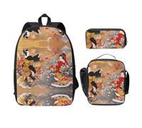 SDFCUMDM Japanese Woman Print School Bag + Pencil Case + Lunch Bag Combination for Everyday Use