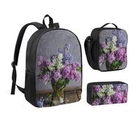 SDFCUMDM Lilac Flowers Print School Bag + Pencil Case + Lunch Bag Combination for Everyday Use