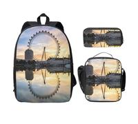 SDFCUMDM London Eye Print School Bag + Pencil Case + Lunch Bag Combination for Everyday Use