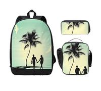 SDFCUMDM Married Couple Walking On The Beach Print School Bag + Pencil Case + Lunch Bag Combination for Everyday Use