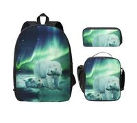 SDFCUMDM Northern Lights Polar Bear Print School Bag + Pencil Case + Lunch Bag Combination for Everyday Use