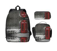 SDFCUMDM Phone Booth in London Streets Print School Bag + Pencil Case + Lunch Bag Combination for Everyday Use